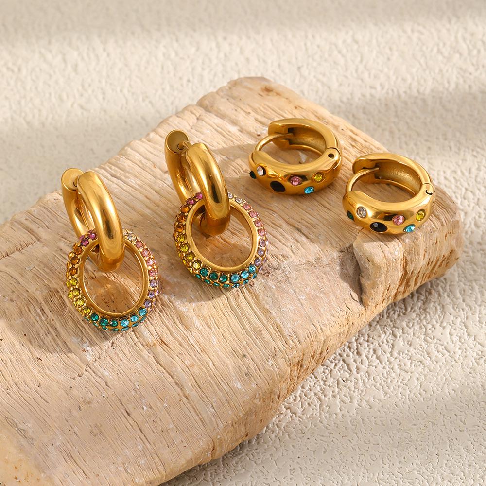 18K Gold Plated Geometric Light Luxury Earrings with Titanium Steel, Colored Diamond, and Pearl Moon Design for Women