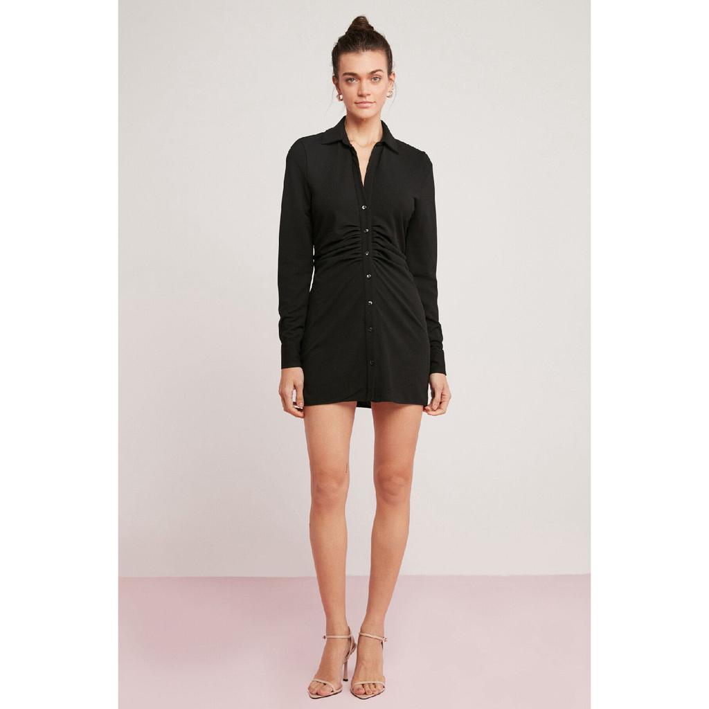 Rhea Women's Knitting Crepe Interlok Drape Detailed Shirt Collar Buttoned Mini Size Black Dress