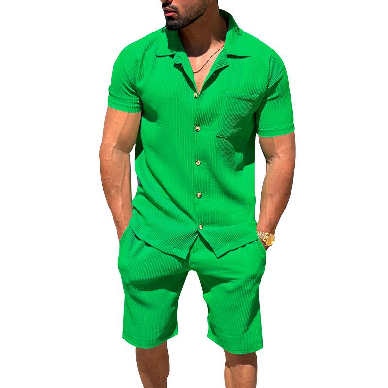 Herrkläder 2-delat set: Cardigan med slag och shorts - Enfärgad randig sommaroutfit