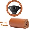 Genuine Leather Steering Wheel Cover, 15 Inches Breathable Stitch On Wrap Steering Wheel Cover, Anti-Slip Auto Wheel DIY Sewing Protector With Needle