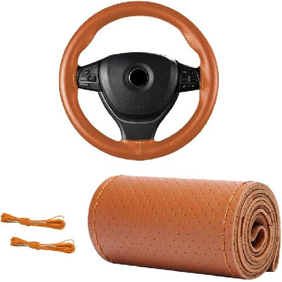 Genuine Leather Steering Wheel Cover, 15 Inches Breathable Stitch On Wrap Steering Wheel Cover, Anti-Slip Auto Wheel DIY Sewing Protector With Needle