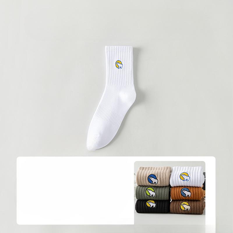 5 Pairs of Men's Autumn Cotton Sports Thick Embroidered Sweat Absorbing Deodorizing Mid Tube Socks