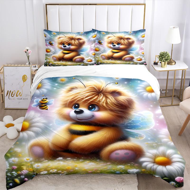 3pcs Anime Cartoon Design Bee Bear Bedding Set - Includes One Quilt Cover and Two Pillowcases (No Core) - Polyester Fabric, Suitable for Bed