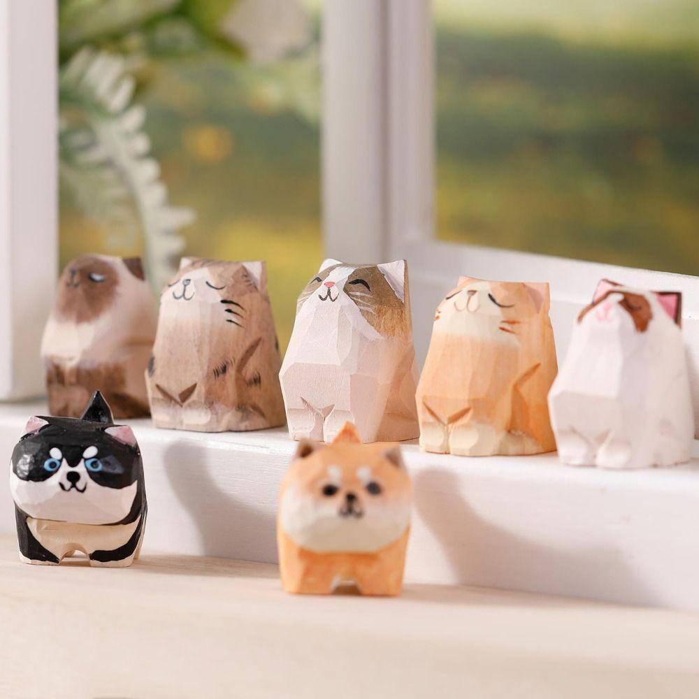 Cartoon Animal Carving Cat Statue Carved Car Ornament Creative Wood Bear Figurine