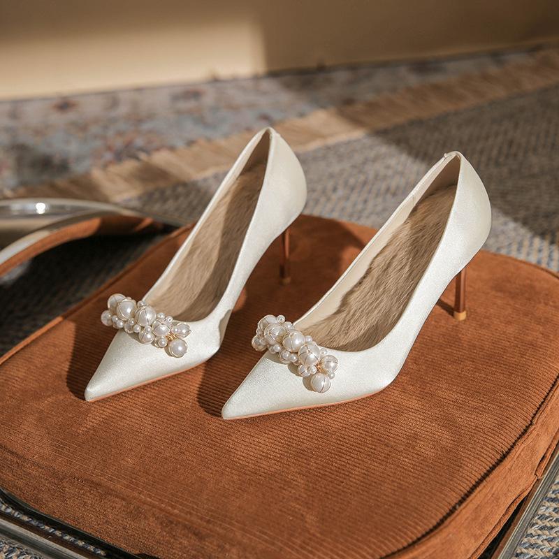 8820 Pointed High Heels Women's Thin Heels 2025 New Pearl Shallow Mouth Single Shoes Show Clothes Red Bridal Wedding Shoes