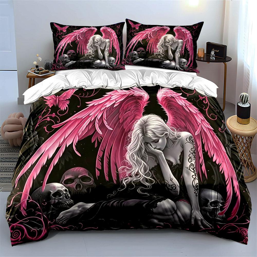 Gothic Pink Angel & Skulls Bedding Set 3pcs, Dark Fantasy Art Duvet Cover,Aesthetic Bed Linen for Teen Girls Bedroom,Home Decor