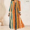 Women Plus Size Two Piece Dress Set Abstract Printed Tie Neck Three Quarter Sleeve Sleeveless Long Dress