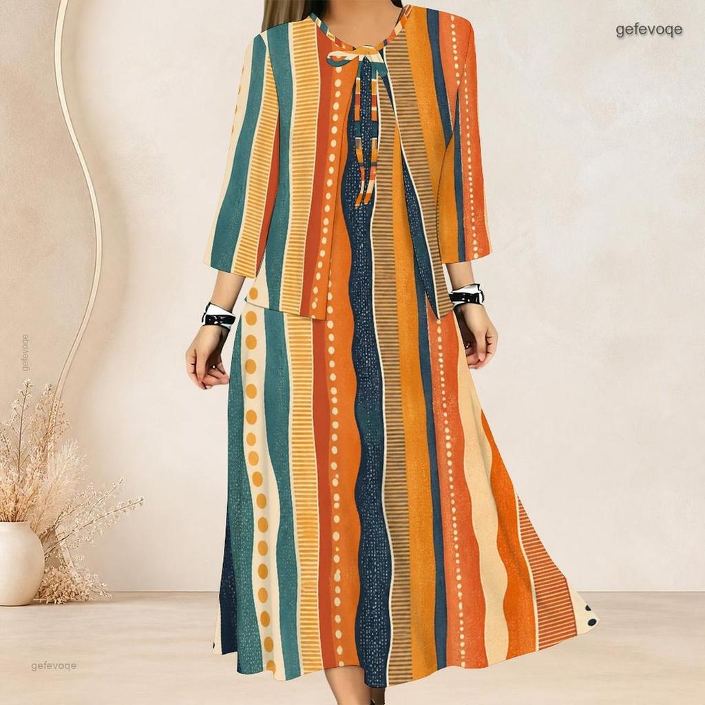 Women Plus Size Two Piece Dress Set Abstract Printed Tie Neck Three Quarter Sleeve Sleeveless Long Dress