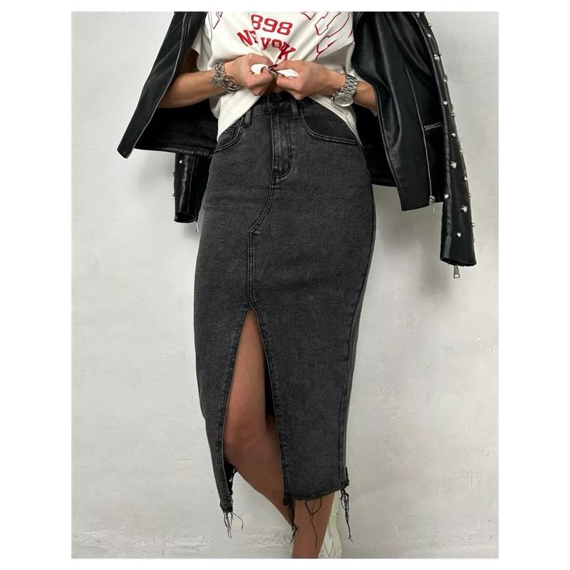 

Джинсовая юбка миди с разрезом, летняя женская повседневная и простая 56 темно-серого