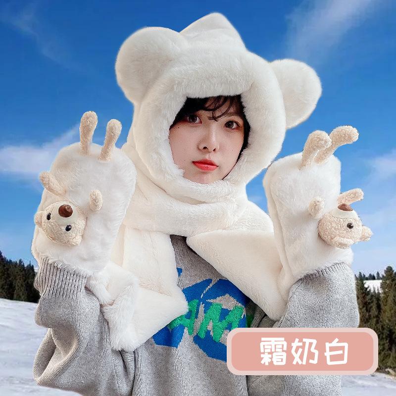 Cute winter bear hat scarf integrated hooded three-piece set women's winter plush gloves ear protection hat