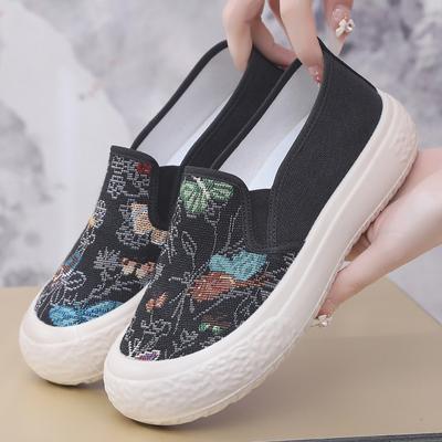 Mode 2024 Frühling und Herbst Neue Bestickte Einzelne Schuhe Leinenschuhe Freizeit Ethnischer Stil Weiche Sohle Kuchenschuhe mit Einem Schritt