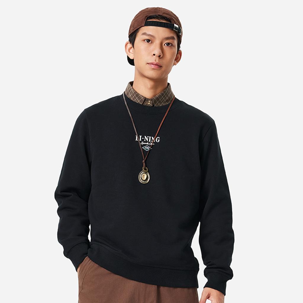 Li Ning Sports Lifestyle Series Fashion Casual Streetwear American Vintage Letter Print Fleece Warm Sweatshirt Men sweatshirt Black AWDU679-3