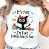 Trendy Cute Cat Printed Tshirt  Fashionable Printed Casual Summer Short Sleeved Round Neck Womens Tshirt