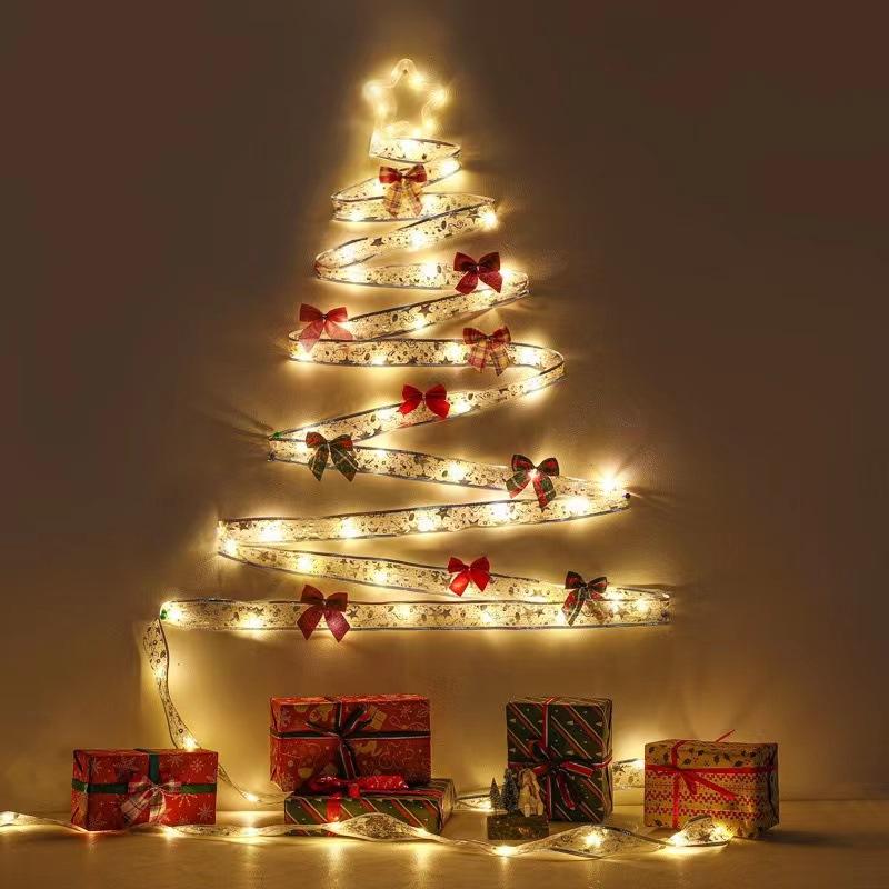 10M Christmas Light String Ribbon for Christmas Tree Decoration Double Layer Gold Stamping Luminous Ribbon Lamp Lace DIY Led Lights