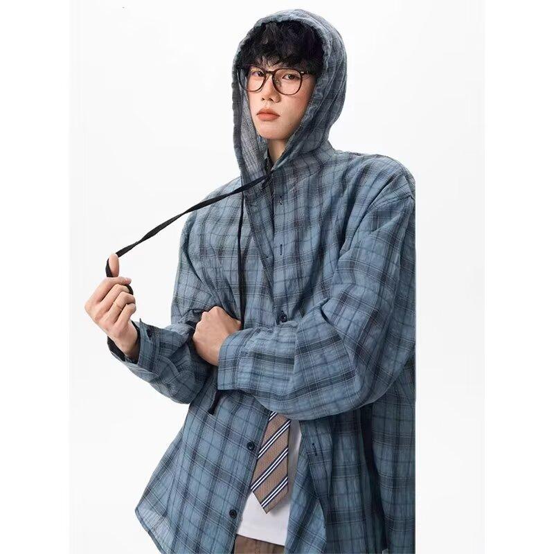 American Style Plaid Sun Protection Hooded Shirt for Men and Women 2025 Summer Lazy Style Sun Protection Shirt Couple Long Sleeve Thin Jacket