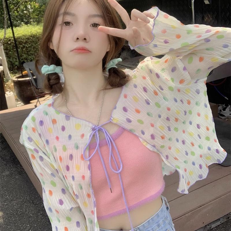 Kadınlar için Renkli Puantiyeli İnce Güneş Kremi Gömlek Kadınlar için Uzun Kollu Gömlek Yaz Aylarında Yeni Tasarım Kısa Ceket Öğrenci Üstü