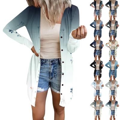 Damenmode Casual Langarm Print Mittellange Strickjacke Knopfjacke Mantel
