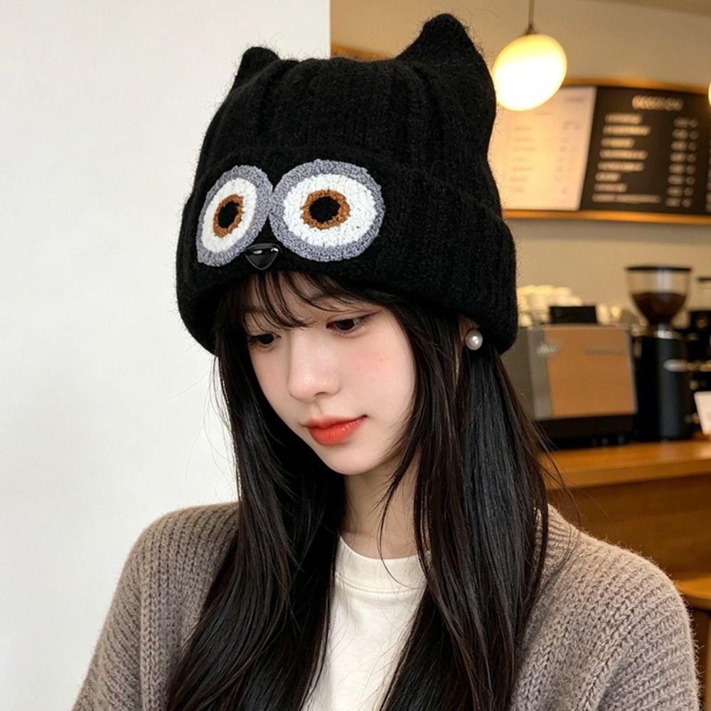Knit Design Woolen Winter Cap Thick Material Plush Warm Hat Cute Owl Pattern Hat  Cartoon Themed