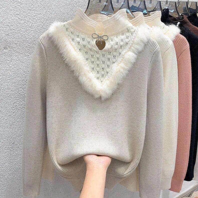 Thick Lace Sweater for Women's Autumn Winter New Half High Collar Bottoming Shirt Integrated Velvet Long Sleeve Knitted Top