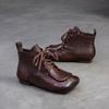 Johnature Kurze Stiefel aus echtem Leder im Retro-Stil mit bequemer, quadratischer Zehenpartie und Schnürung für Damen