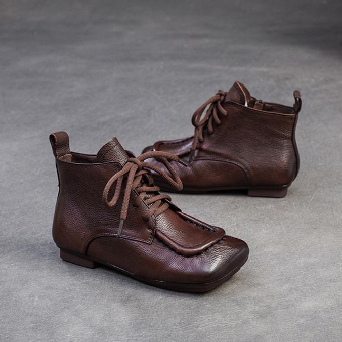 Johnature Kurze Stiefel aus echtem Leder im Retro-Stil mit bequemer, quadratischer Zehenpartie und Schnürung für Damen