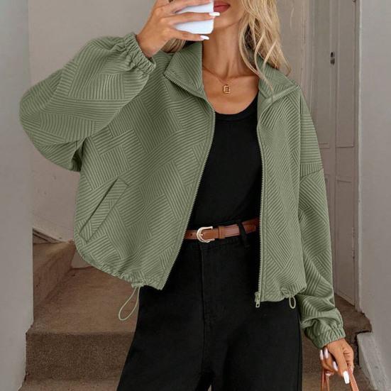 Women's Full Zip Short Jacket Casual Long Sleeve Stand Collar Crop Coat Drawstring Hem Fall Sweatshirt with Pockets