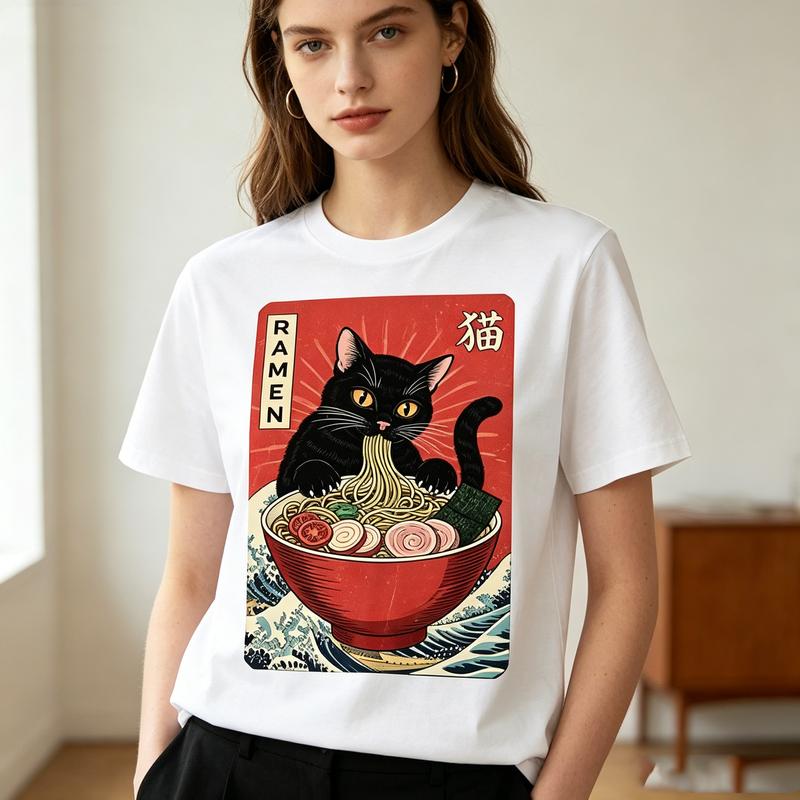 Retro RaUnisex Cat Graphic Tee Japanese Ukiyoe Style Print Unisex Unisex Cotton Short Sleeve Casual Gift T Shirt