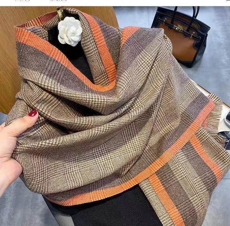 Women's Winter Plaid Imitation Cashmere Tassel Scarf, Thickened Korean Style Neck Warmer