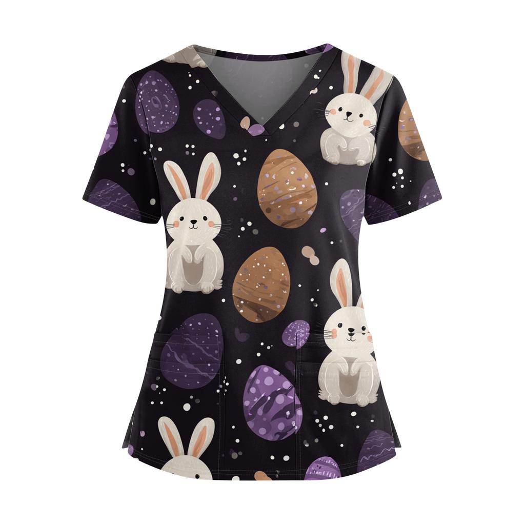 Damen Osterdruck V-Ausschnitt Doppeltasche Kurzarm Uniform Top mit geschlitztem Saum