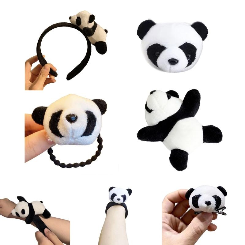 Cute Girls Panda Shape Slap Bracelet Headband Hair Rope Plush Hair Tie Elastic Hair Rope for Girls Cartoon Hair Styling