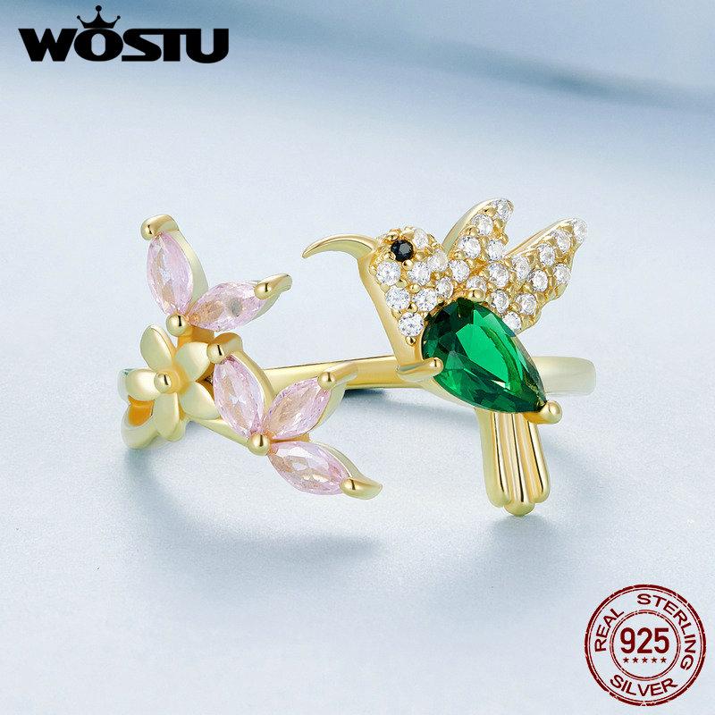 WOSTU Autentické 925 mincové striebro, platinované a zirkónové prstene Darčekový prsteň z kolibríka
