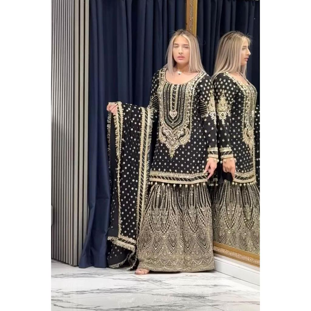 Launching New  Đěsigner Party Wear Look Heavy Faux Georgette Top Plazzo & Dupatta Set