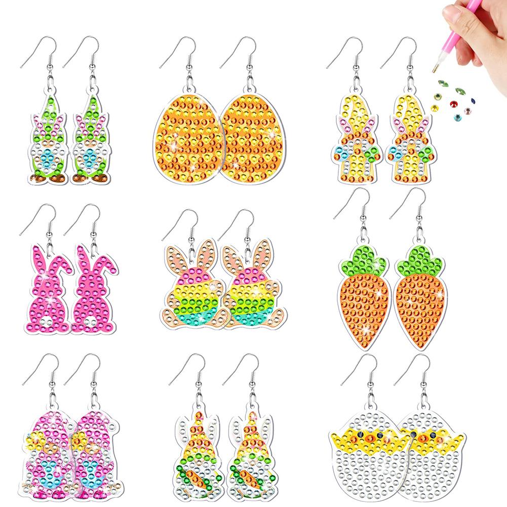 9 Pairs Double Sided Egg Carrot Chick Gnome Mosaic Drill Earring Kits Diamond Glitter Art Earring Kit Xmas Party Ornaments Gifts