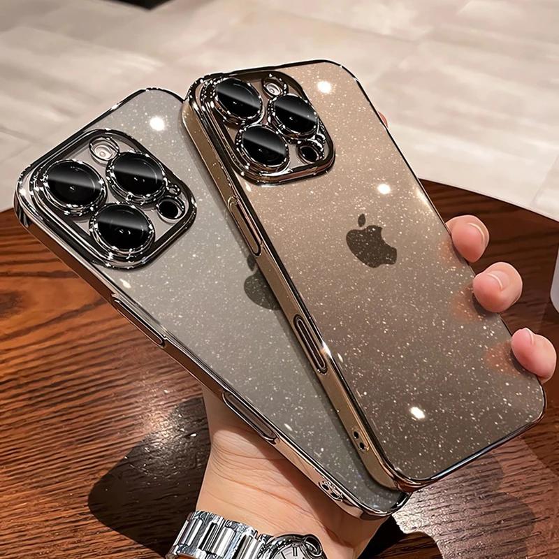 Glitter Transparent Hard PC Slim Case for iPhone 16 15 14 Pro Max Plus 13 12 11 Plating Clear Camera Protector Ultra Thin Cover