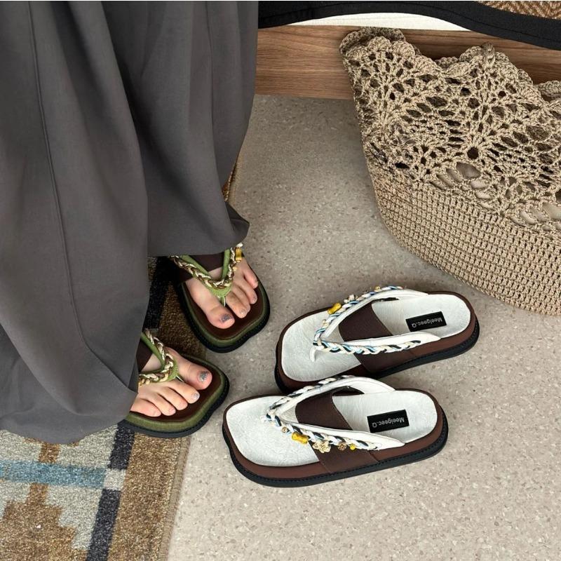 New Round Head Pinch Foot Flat Bottom Cool Slippers Roman Style Roman Sandals Soft Sole Light and Comfortable Outside Wear Cool