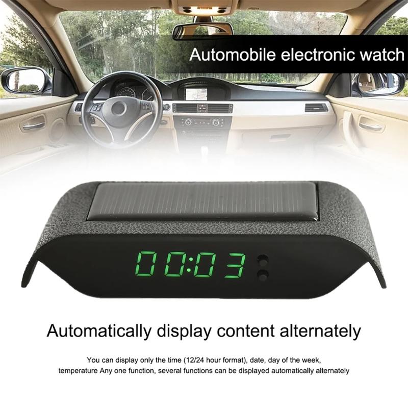 Solar Powered Car Clock Noctilucence Electronic Dashboard Timepiece with Temperature Date Display for Auto Enthusiasts