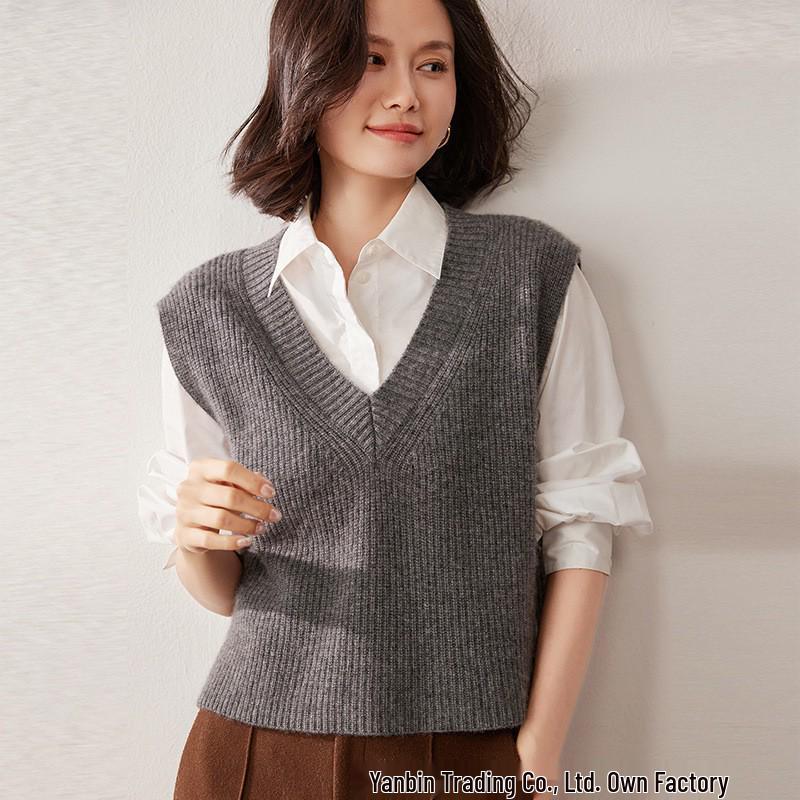 Women's V-Neck Cashmere Knit Vest - Autumn/Winter Fashion, Sleeveless & Loose Fit