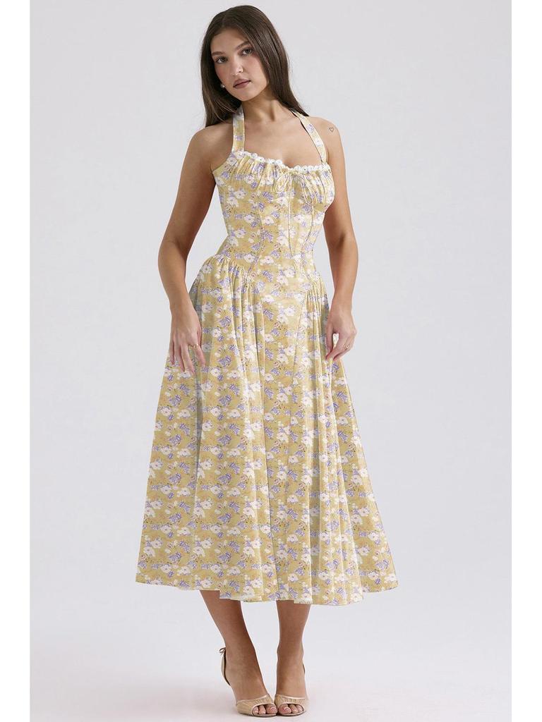 2025 European & American Style Summer Slim Spaghetti Strap Printed Halter Lace Dress