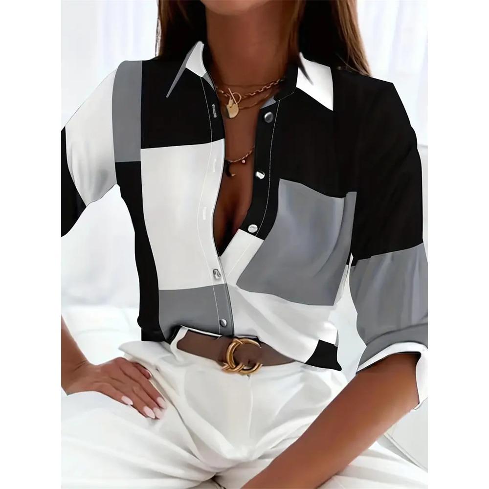 Boutique Pattern Printed Button Long Sleeve Women's Shirt Vintage Elegant Office Fashion Large Size Women's Daily Lapel Shirt