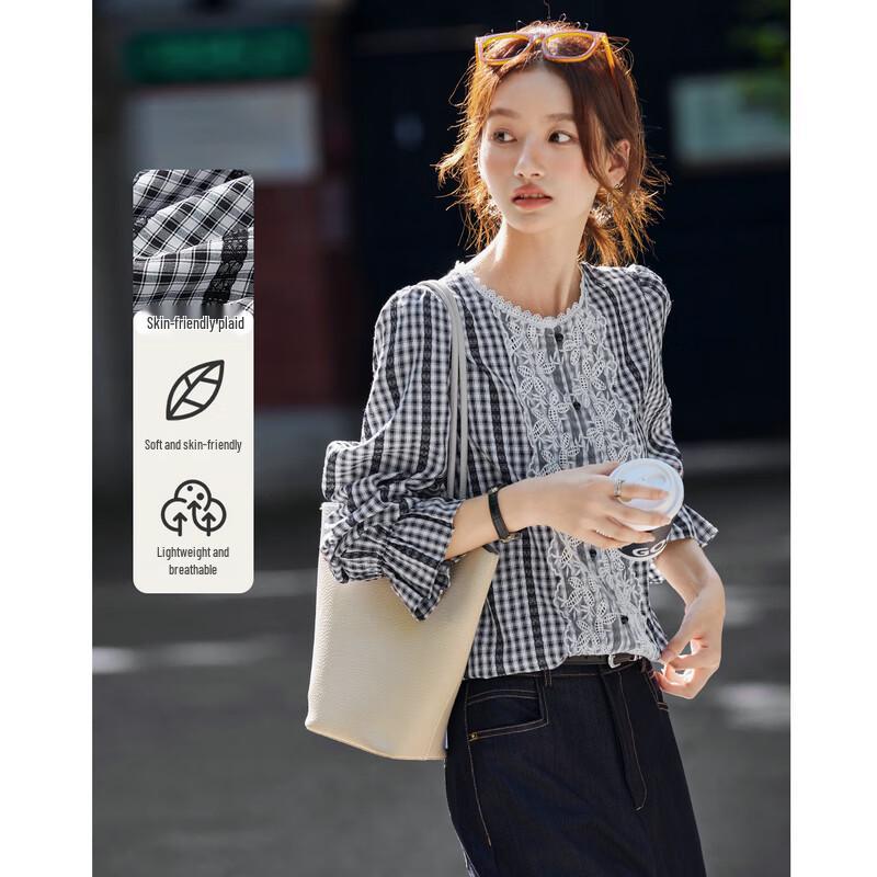 Women s 2025 Autumn Lace Patchwork Plaid Long Sleeve Shirt M