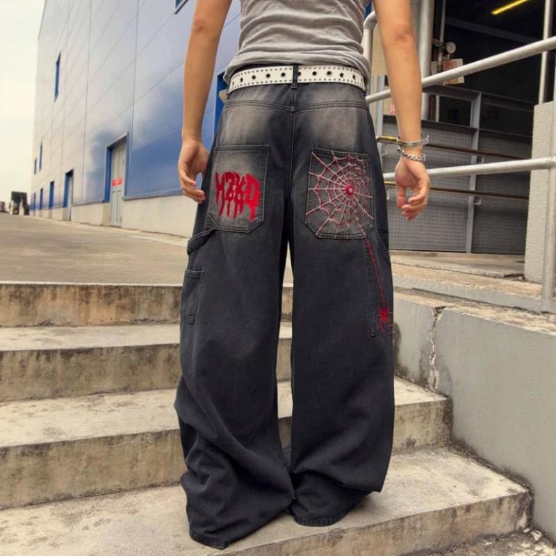 2026 Distressed Low Waist Jeans Streetwear Spider Web Denim Pants Men Women