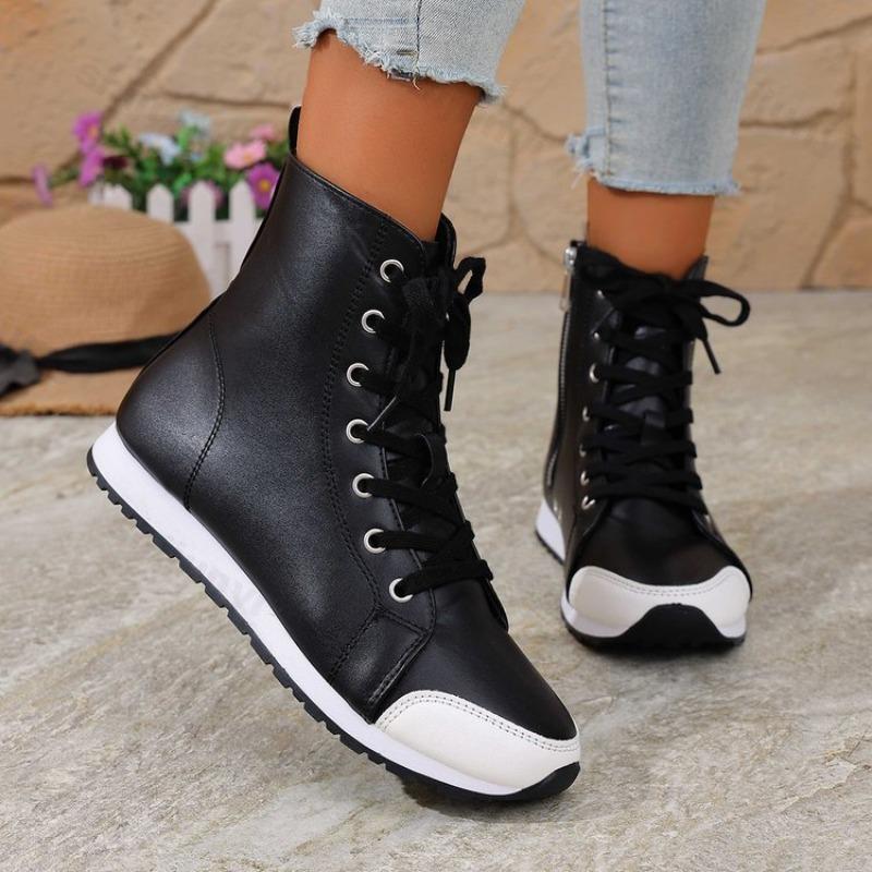 Spring Autumn Women's Short Boots Fashion Side Zipper Lace-Up High-Top Sneakers Soft Microfiber Leather Ankle Boots Women Shoes