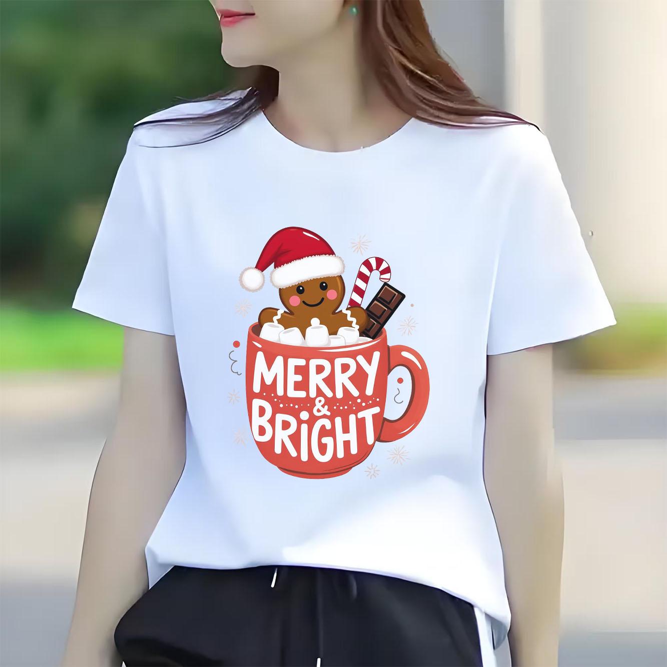 Christmas cartoon printed Womens short sleeved Tshirt summer round neck daily versatile holiday Tshirt S