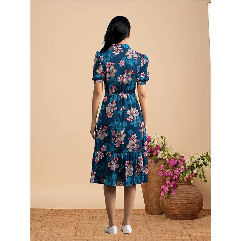 Kuduzo Floral Print Midi Dress, VNeck, Puff Sleeves, With And Flowers, Ruffle Hem (In, Alpha,, Regula
