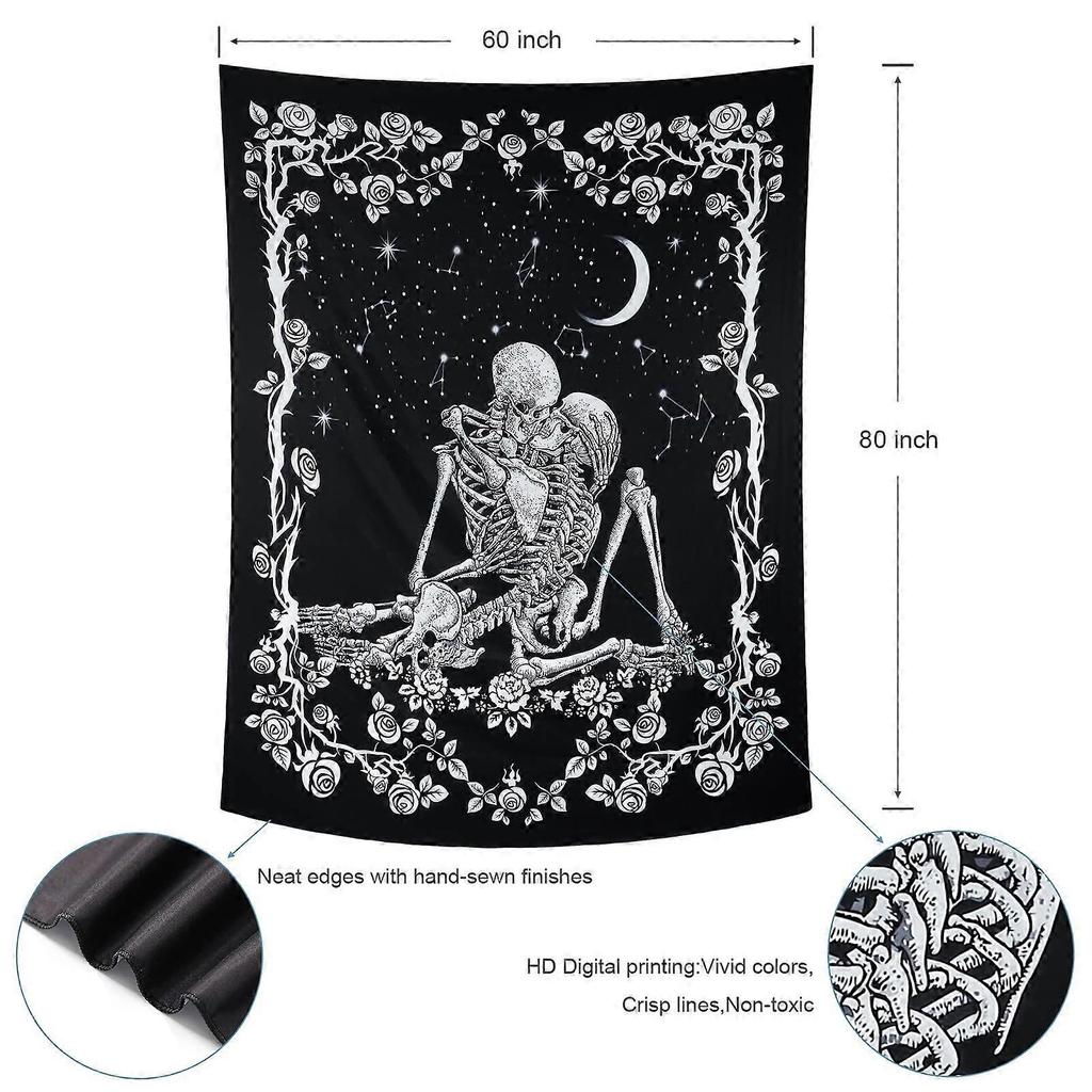 Kissing Lovers Skull Tapestry Wall Hanging Tarot Skeleton with Rose Black and White Wall Tapestries