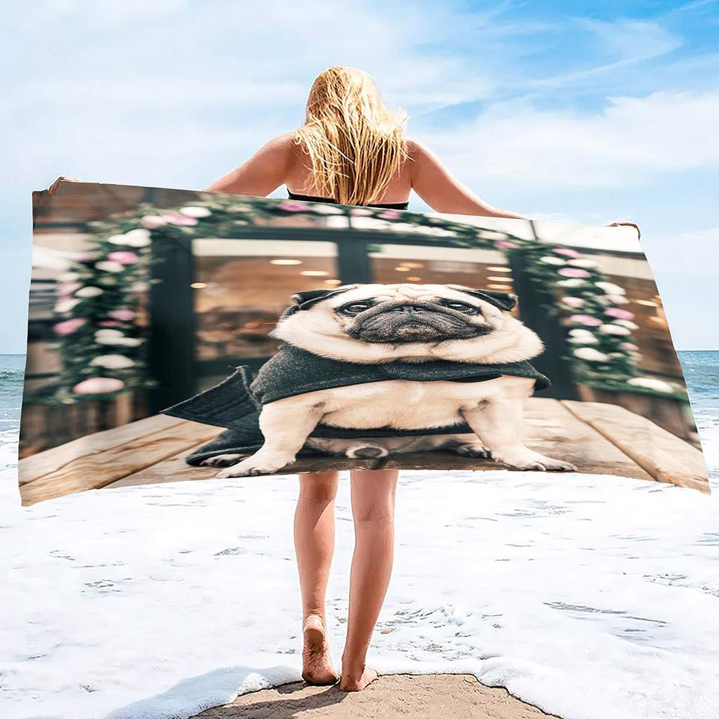 Microfiber Sand Free Beach Towel Thin Quick Fast Dry Super Absorbent Oversized Large Lightweight Towels for Beach Pool Pug Dog