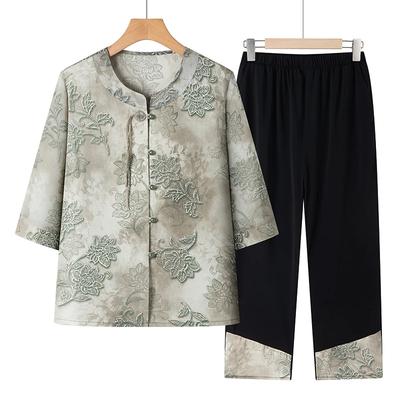 Womens Chinese Style Floral Print 3/4 Sleeve Top And Pants Two Piece Set