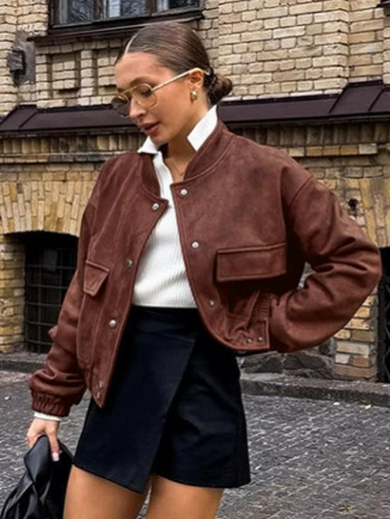 2025 Women's High-End Retro Bomber Jacket - Long Sleeve, Stand-Up Collar, American Street Style, Spring/Autumn Outerwear