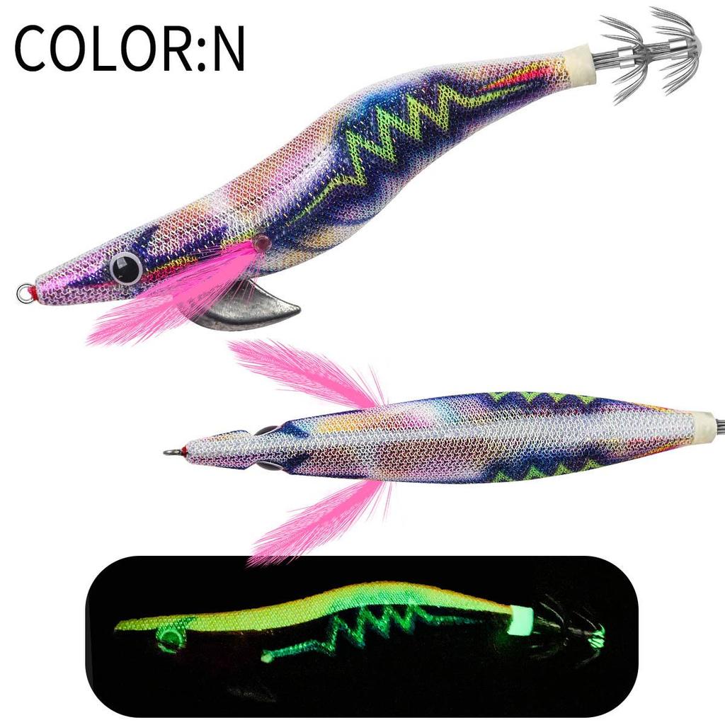 SQUID KING Luminous Wooden Shrimp Squid Hook - Sizes 2.5, 3.0, 3.5 with Rapid Current Lead Head & Rattle for Deep Water.