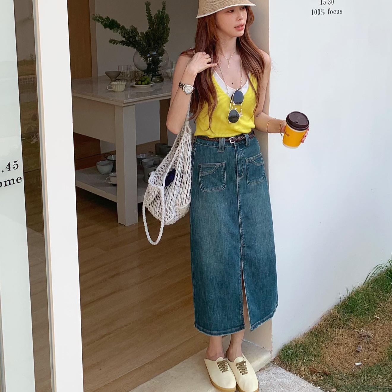 

Spring Arrival European & Korean Style Stretch Midi Denim Skirt with Slit & Belt - Butt-Lifting Hip-Hugging Design Extra Large сірий колір/індиго